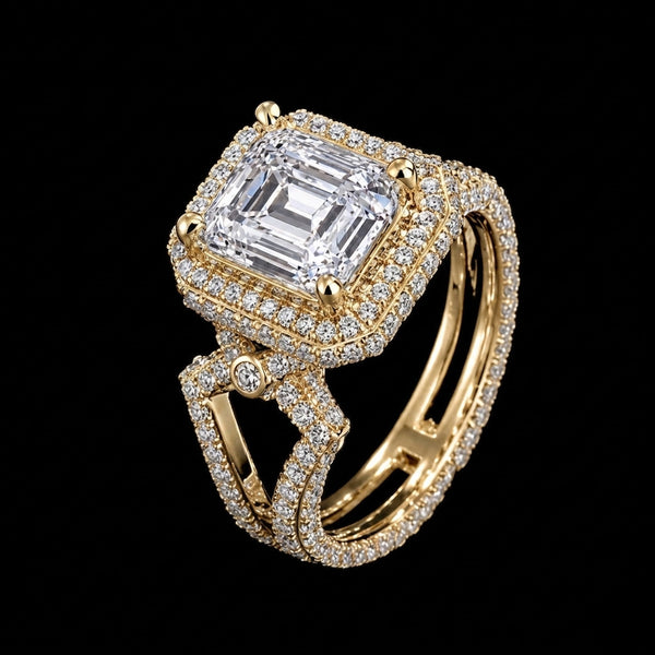 Royal Halo Emerald-Cut Diamond Ring with Split Shank