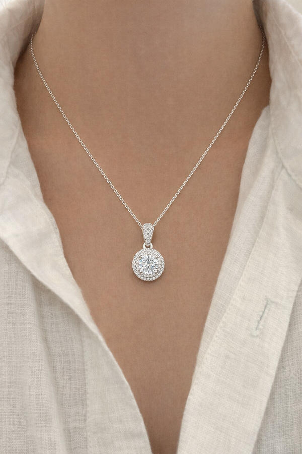 Classic Halo Diamond Pendant Necklace in Sterling Silver