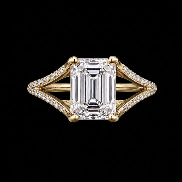 Emerald Moissanite Split-Shank Silver Ring