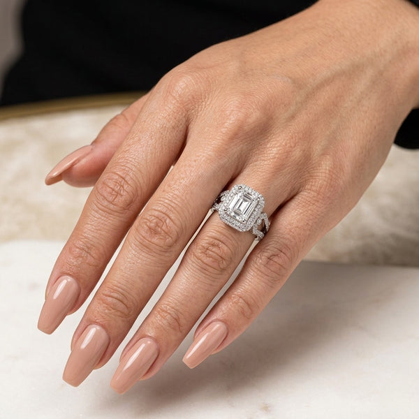 Royal Halo Emerald-Cut Diamond Ring with Split Shank