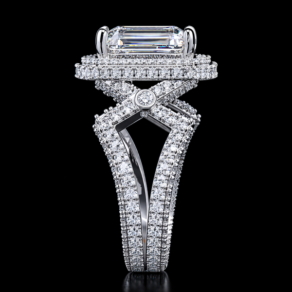 Royal Halo Emerald-Cut Diamond Ring with Split Shank