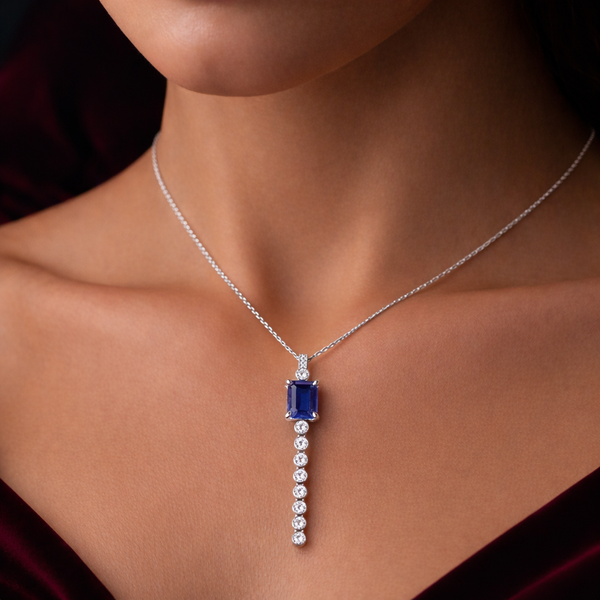 Sapphire & Diamond Drop Pendant Necklace in Sterling Silver – Refined Luxury Elegance