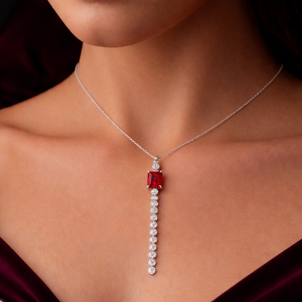 Ruby Drop Diamond Pendant in Sterling Silver – Elegant Vertical Statement Necklace