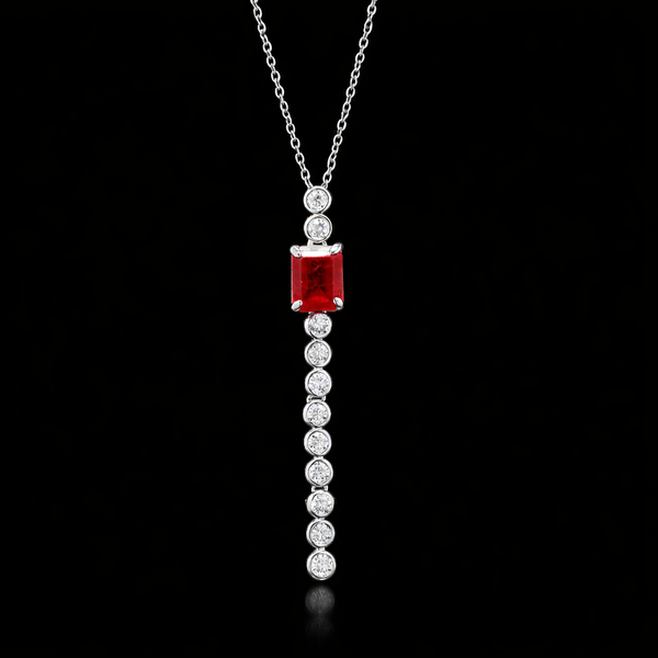 Ruby Drop Diamond Pendant in Sterling Silver – Elegant Vertical Statement Necklace