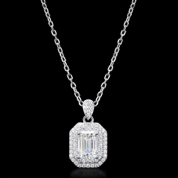 Emerald-Cut Halo Diamond Pendant Necklace in Sterling Silver