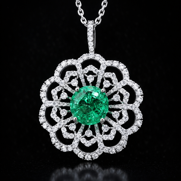 Emerald Bloom Diamond Pendant Necklace in 925 Silver | Floral Halo Silver Pendant
