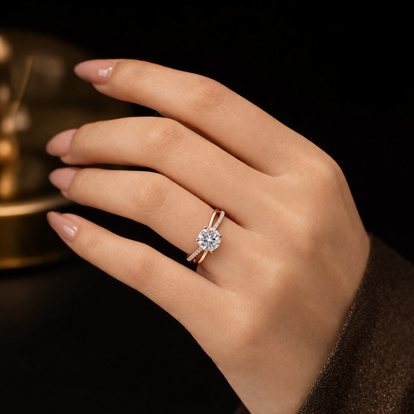 Elegant Rose Gold Twisted Band Solitaire Diamond Ring with Pavé Setting
