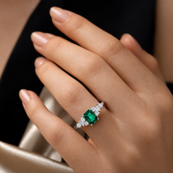 Emerald-Cut Green Stone & Diamond Accent Ring in White Gold Finish | Elegant Luxury Statement Ring for Women