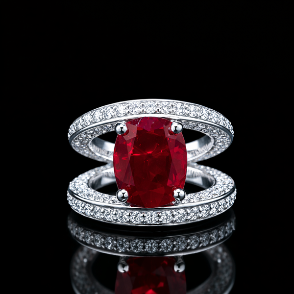 Elegant Moissanite & Ruby Double Halo Ring – Luxury Silver Statement Piece