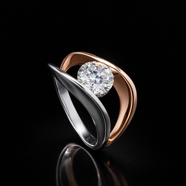 Elegant Dual-Tone Diamond Bypass Ring for Women | Silver & Rose Gold Finish