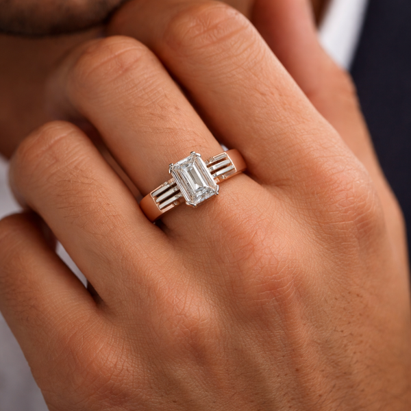 Emerald-Cut Moissanite Diamond Ring for Men | Two-Tone Silver & Rose Gold Statement Band