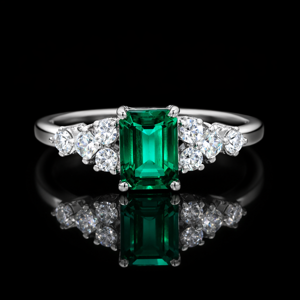 Emerald-Cut Green Stone & Diamond Accent Ring in White Gold Finish | Elegant Luxury Statement Ring for Women