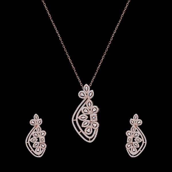 a rose gold-plated cubic zirconia pendant and earring set.