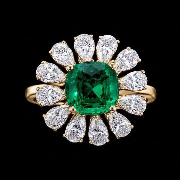 Emerald Blossom Halo Ring – Timeless Elegance in Every Detail