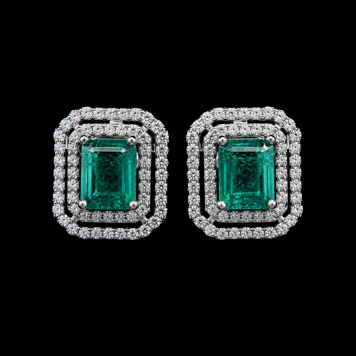 Double Frame Emerald Studs