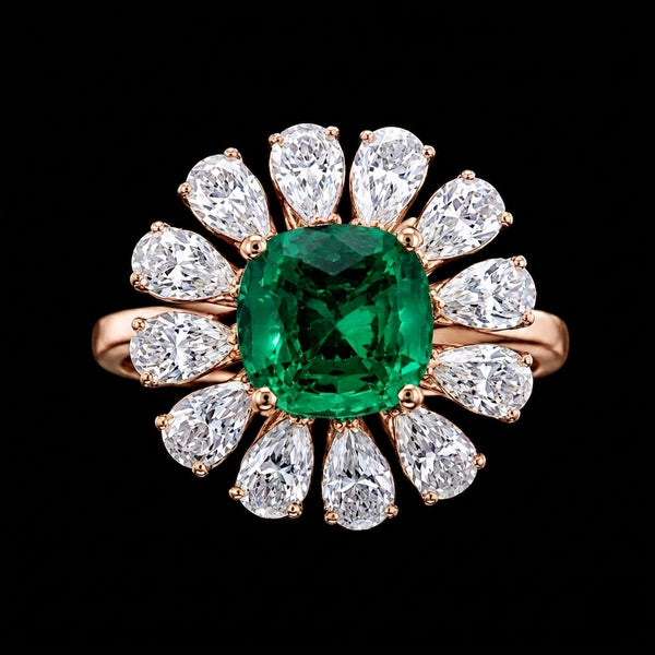 Emerald Blossom Halo Ring – Timeless Elegance in Every Detail