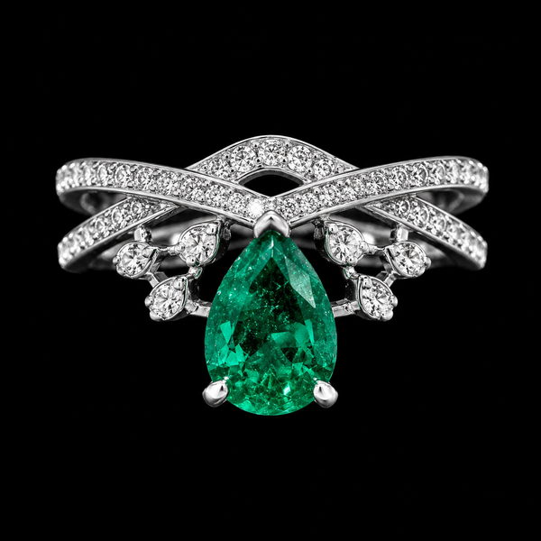 Pear-Cut Emerald Elegance Ring with Moissanite Accents in Silver