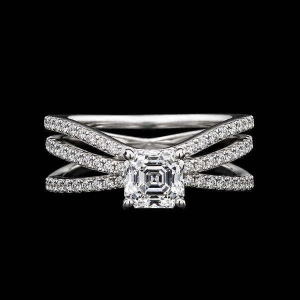 Luminous Cross-Band Ring – Hand-Cut Asscher Moissanite