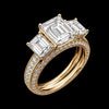 Elegant Three-Stone Emerald Cut Diamond Ring with Pavé Band in Two-Tone Gold