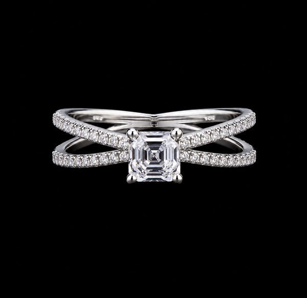 Luminous Cross-Band Ring – Hand-Cut Asscher Moissanite
