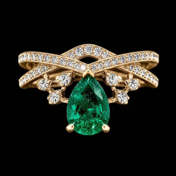 Pear-Cut Emerald Elegance Ring with Moissanite Accents in Silver