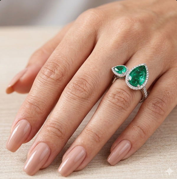 Moissanite Teardrop Double Halo Ring in White Gold