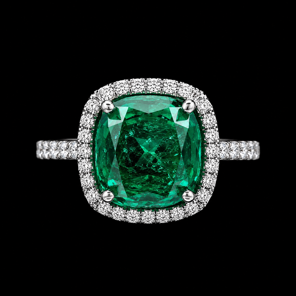 Emerald Halo Elegance Ring in Silver with Moissanite Diamonds