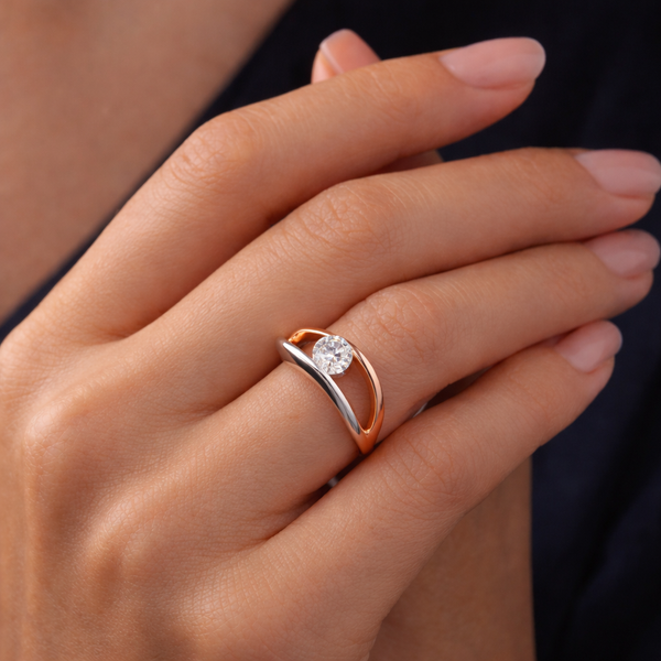 Elegant Dual-Tone Diamond Bypass Ring for Women | Silver & Rose Gold Finish