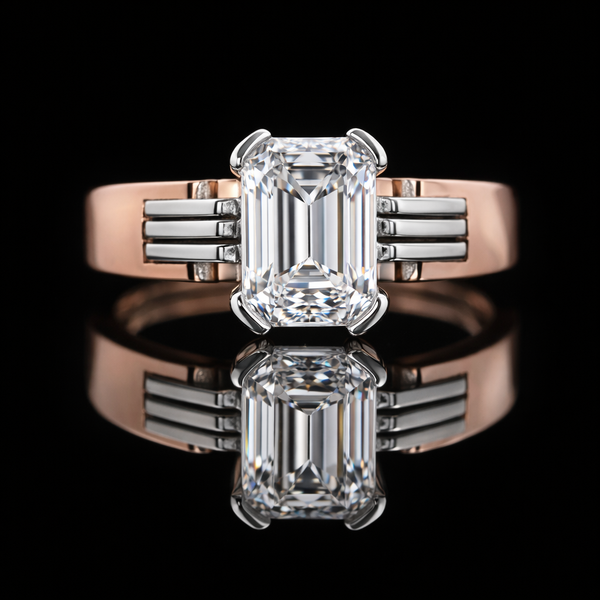 Emerald-Cut Moissanite Diamond Ring for Men | Two-Tone Silver & Rose Gold Statement Band