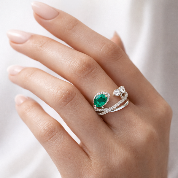 Elegant Emerald & Moissanite Open Wrap Ring – Luxury Adjustable Statement Ring for Women