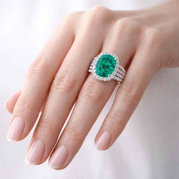 Moissanite Halo Ring in Silver – Radiant Elegance with Emerald Center