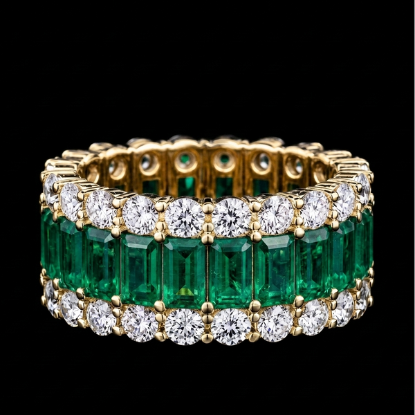 Gold ring with emeralds and diamonds on a black background