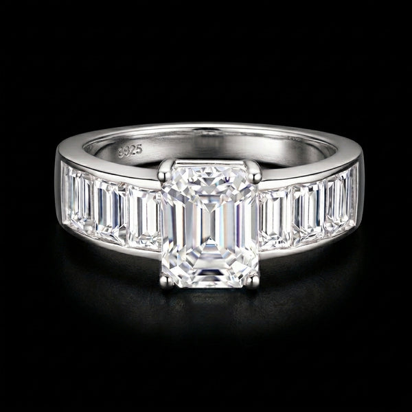 Emerald cut moissanite ring