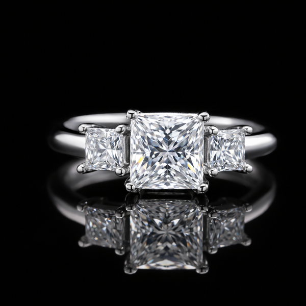 Elegant Three-Stone Princess Cut Moissanite Diamond Ring in Silver
